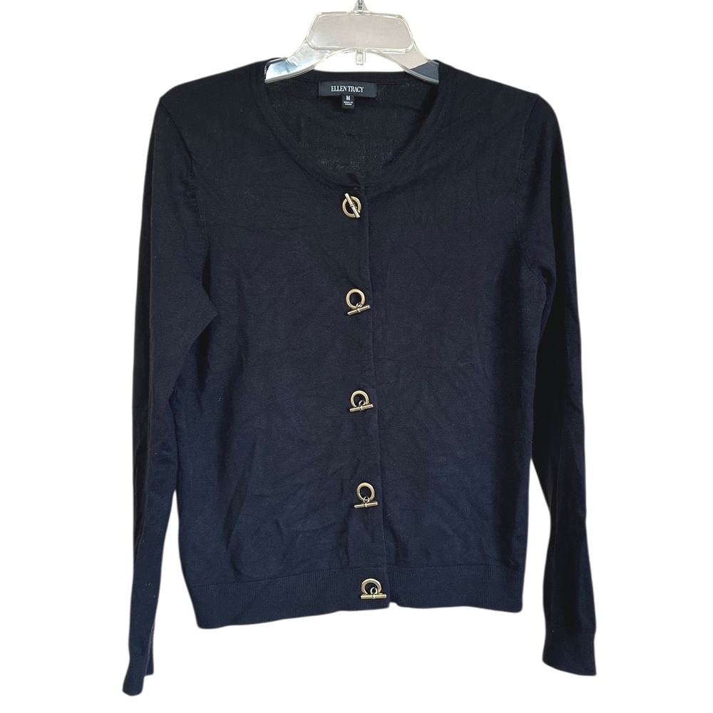 Ellen Tracy Womens Black Toggle Front Cardigan Gold Hardware Knit Sweater Size M